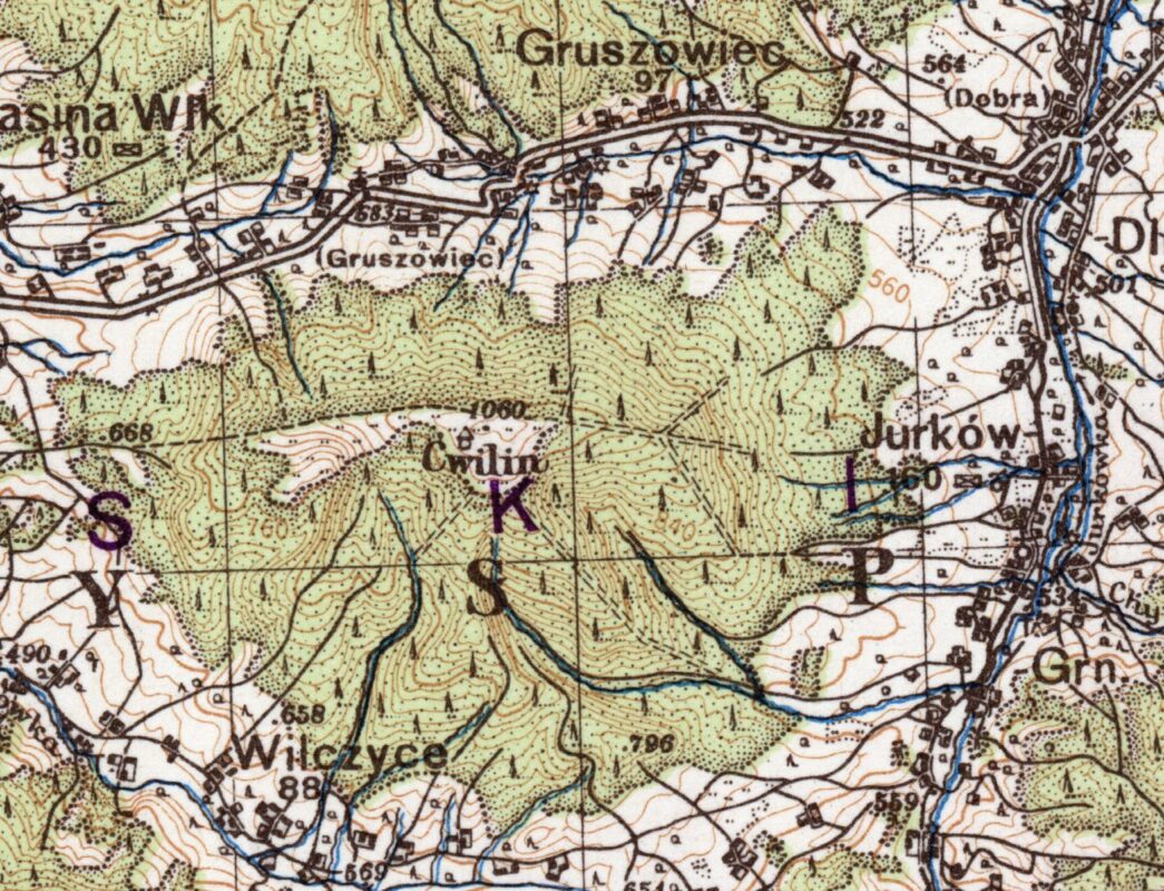 Mapa przedstawia Ćwilin i Polane Michurową w 1945 roku