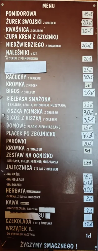 Menu w schronisku na Kudłaczach 03.05.2026 r.